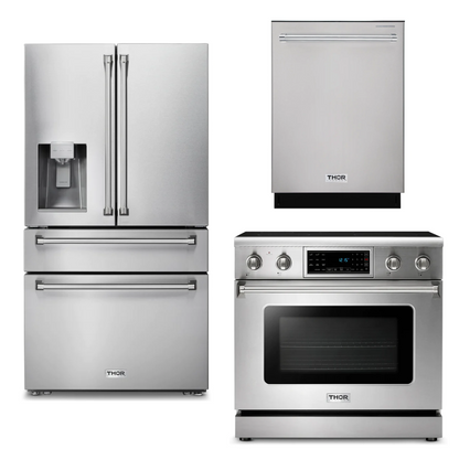 THOR Kitchen Package - 36" Electric Range, Refrigerator with Water and Ice Dispenser, Dishwasher, AP-TRE3601-9