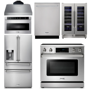 THOR Kitchen Package - 36" Electric Range, Range Hood, Microwave, Refrigerator with Water and Ice Dispenser, Dishwasher, Wine Cooler