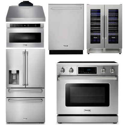 THOR Kitchen Package - 36" Electric Range, Range Hood, Microwave, Refrigerator with Water and Ice Dispenser, Dishwasher, Wine Cooler