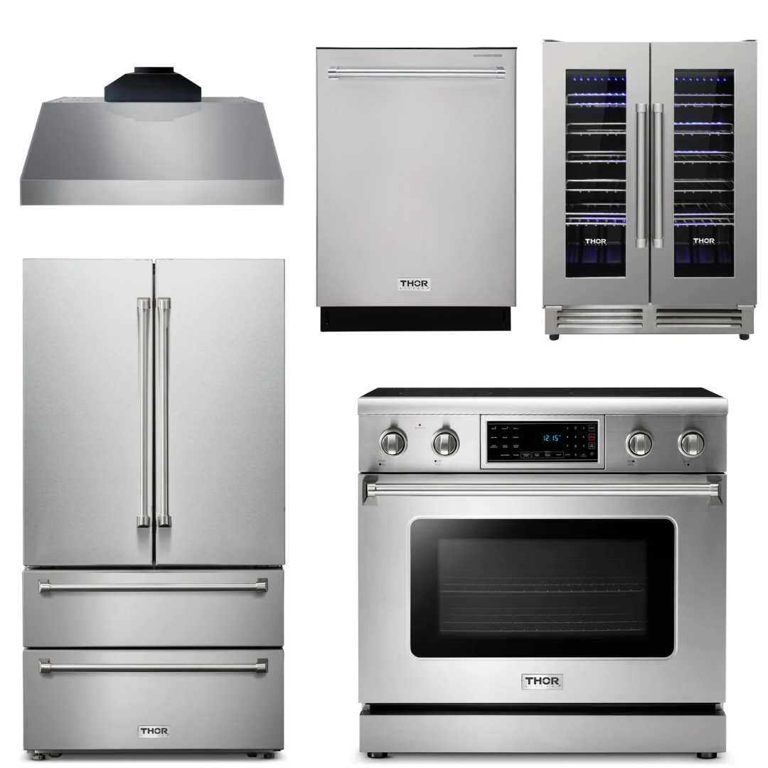 THOR Kitchen Package - 36" Electric Range, Range Hood, Refrigerator, Dishwasher, Wine Cooler, AP-TRE3601-C-3