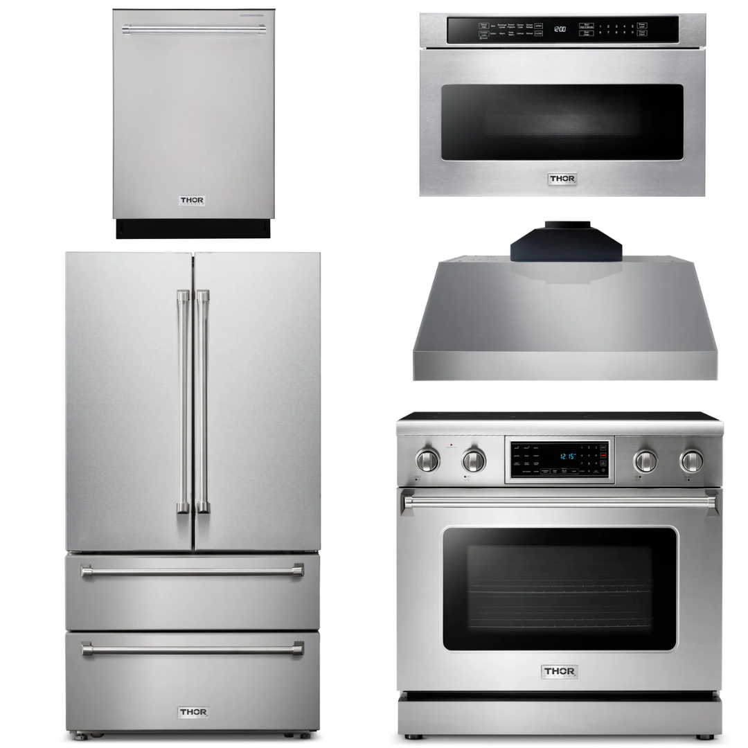 THOR Kitchen Package - 36" Electric Range, Range Hood, Microwave, Refrigerator, Dishwasher, AP-TRE3601-C-5