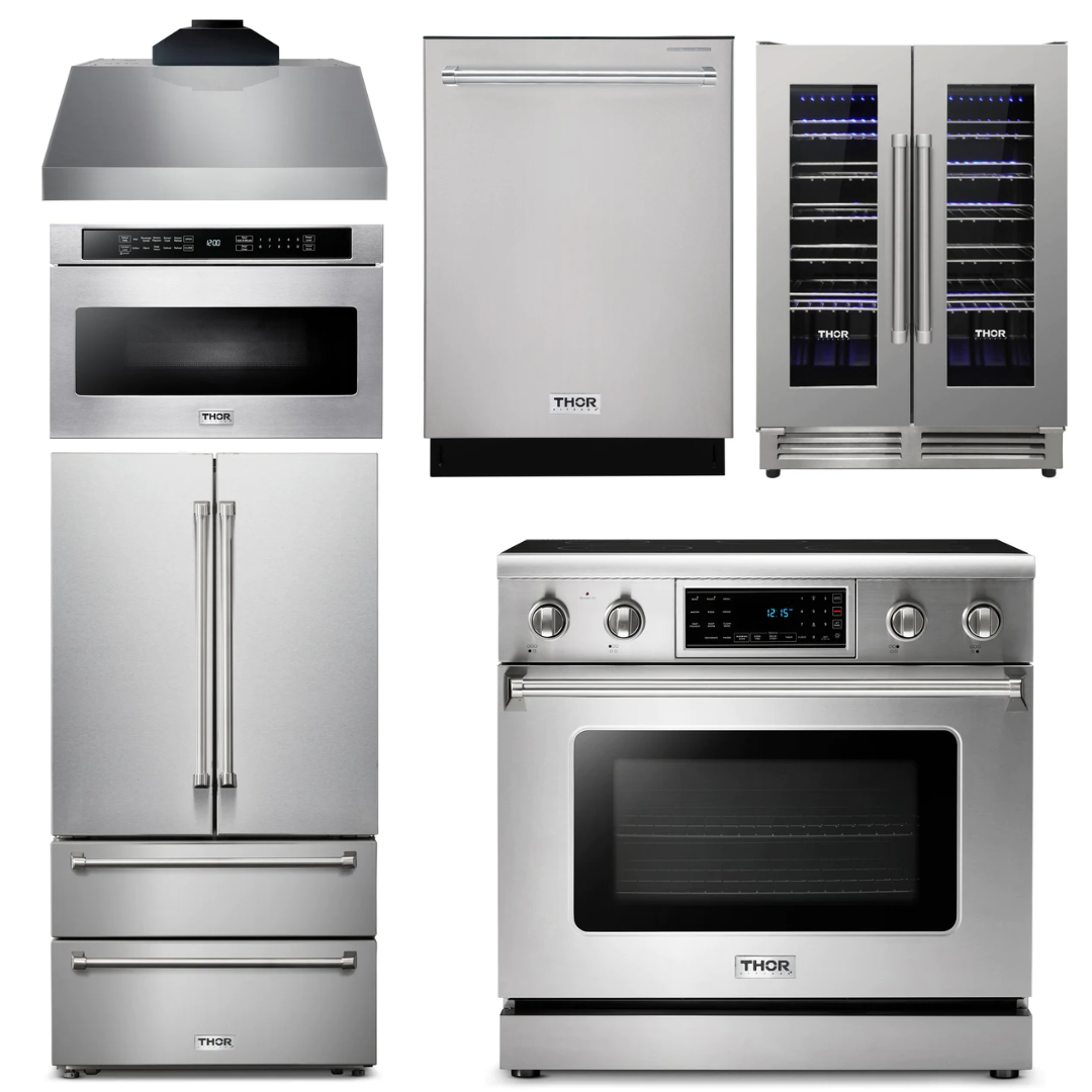 THOR Kitchen Package - 36" Electric Range, Range Hood, Microwave, Refrigerator, Dishwasher, Wine Cooler, AP-TRE3601-C-6