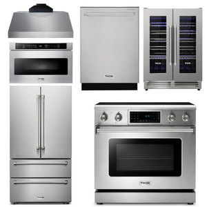 THOR Kitchen Package - 36" Electric Range, Range Hood, Microwave, Refrigerator, Dishwasher, Wine Cooler, AP-TRE3601-C-6