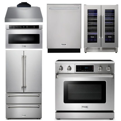 THOR Kitchen Package - 36" Electric Range, Range Hood, Microwave, Refrigerator, Dishwasher, Wine Cooler, AP-TRE3601-C-6