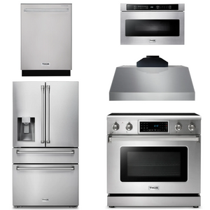 THOR Kitchen Package - 36" Electric Range, Range Hood, Microwave, Refrigerator with Water and Ice Dispenser, Dishwasher