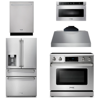 THOR Kitchen Package - 36" Electric Range, Range Hood, Microwave, Refrigerator with Water and Ice Dispenser, Dishwasher