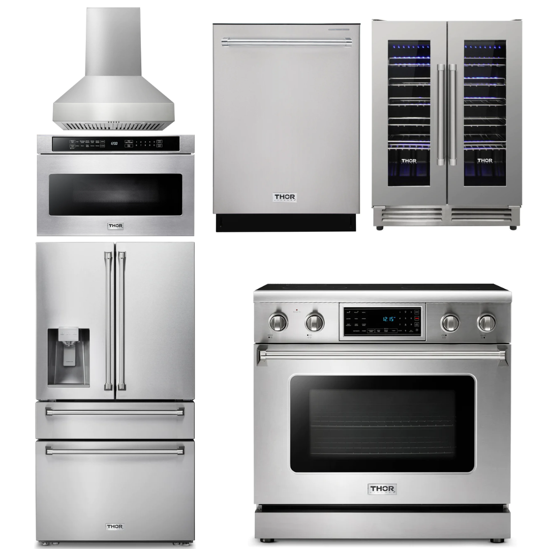 THOR Kitchen Package - 36" Electric Range, Range Hood, Microwave, Refrigerator with Water and Ice Dispenser, Dishwasher, Wine Cooler, AP-TRE3601-W-10