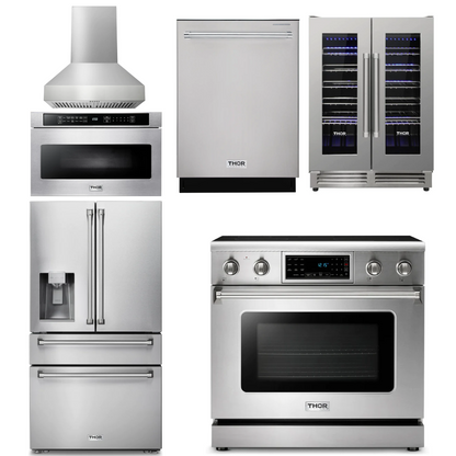 THOR Kitchen Package - 36" Electric Range, Range Hood, Microwave, Refrigerator with Water and Ice Dispenser, Dishwasher, Wine Cooler, AP-TRE3601-W-10