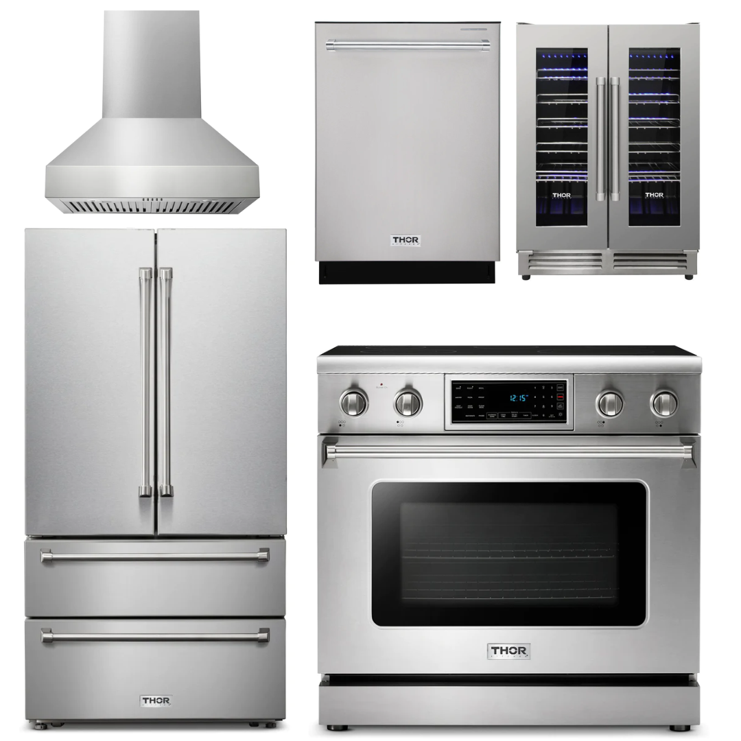 THOR Kitchen Package - 36" Electric Range, Range Hood, Refrigerator, Dishwasher, Wine Cooler, AP-TRE3601-W-3