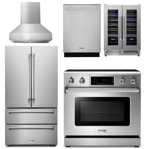 THOR Kitchen Package - 36" Electric Range, Range Hood, Refrigerator, Dishwasher, Wine Cooler, AP-TRE3601-W-3