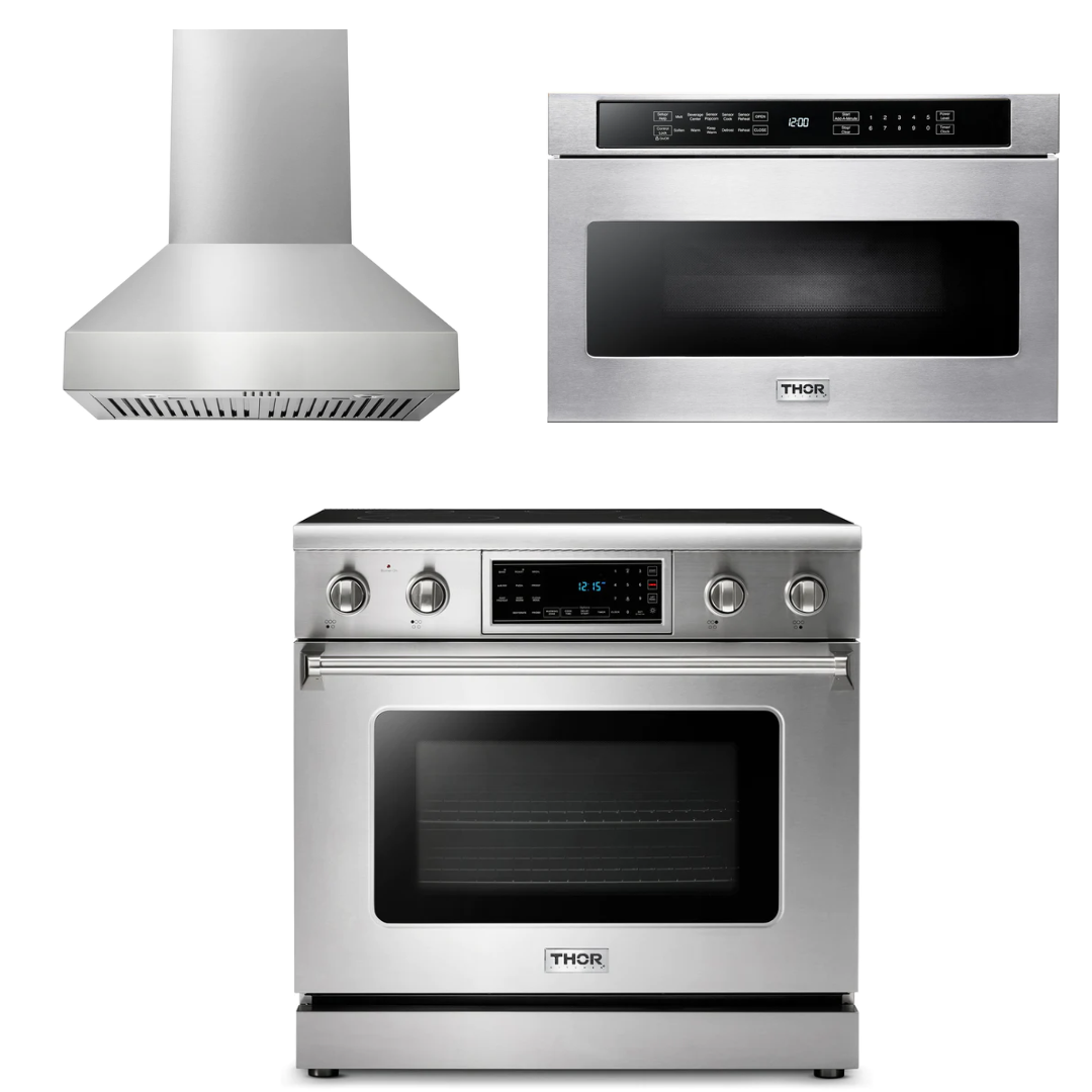 THOR Kitchen Package - 36" Electric Range, Range Hood, Microwave, AP-TRE3601-W-4
