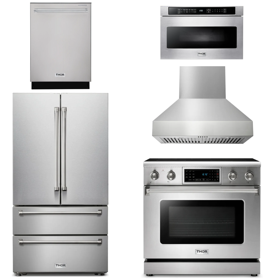 THOR Kitchen Package - 36" Electric Range, Range Hood, Microwave, Refrigerator, Dishwasher,AP-TRE3601-W-5