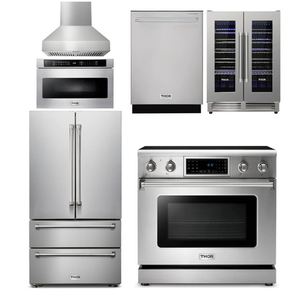 THOR Kitchen Package - 36" Electric Range, Range Hood, Microwave, Refrigerator, Dishwasher, Wine Cooler, AP-TRE3601-W-6