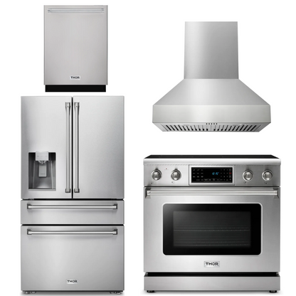 THOR Kitchen Package - 36" Electric Range, Range Hood, Refrigerator with Water and Ice Dispenser, Dishwasher, AP-TRE3601-W-7