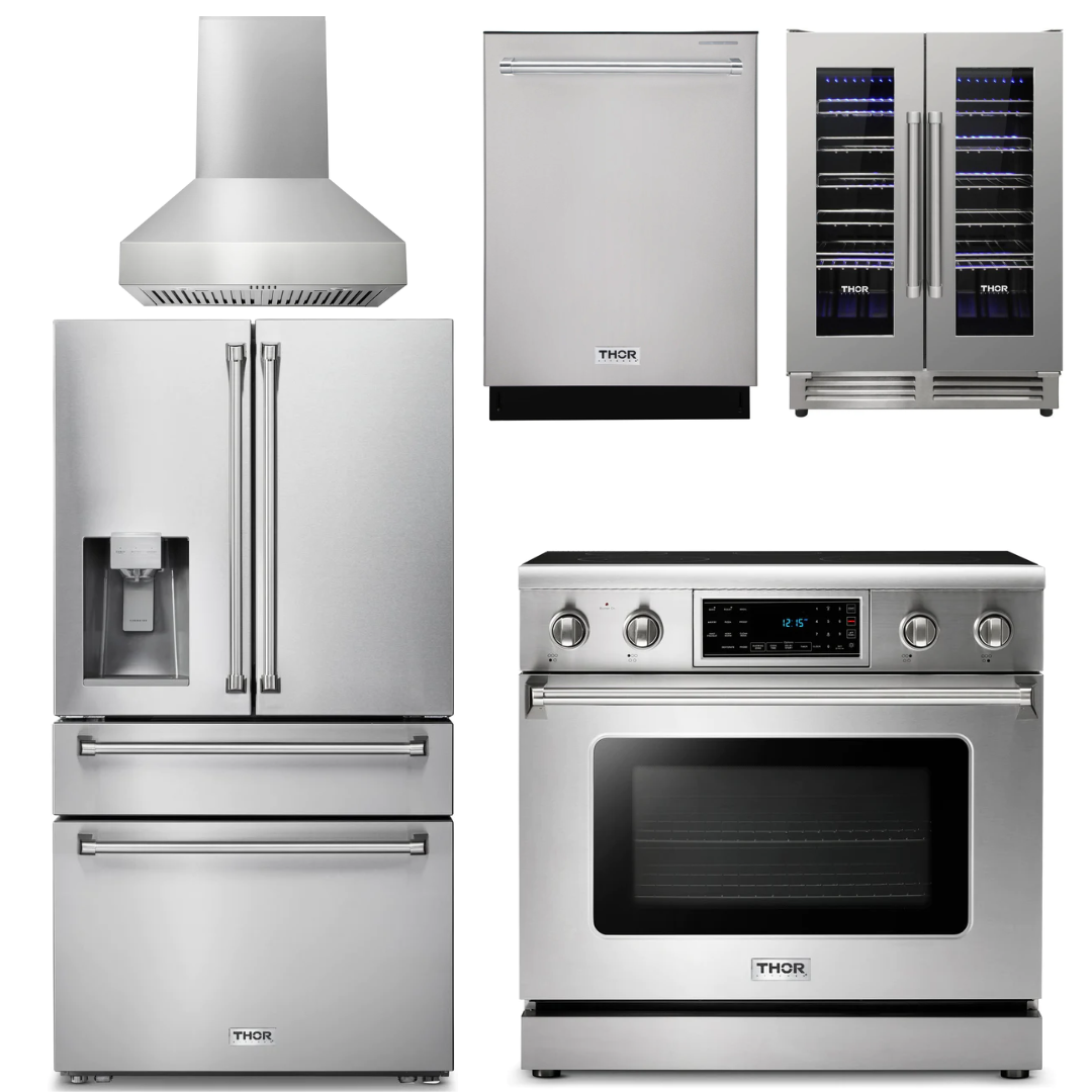 THOR Kitchen Package - 36" Electric Range, Range Hood, Refrigerator with Water and Ice Dispenser, Dishwasher, Wine Cooler, AP-TRE3601-W-8