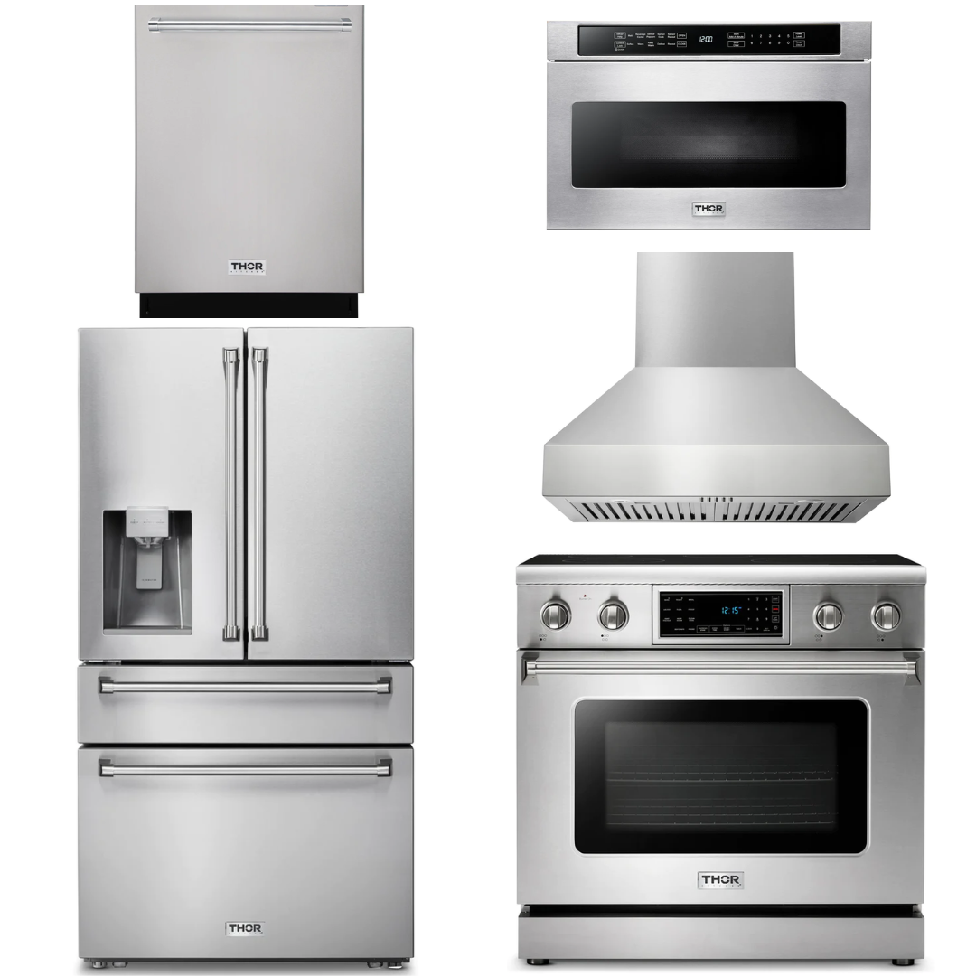THOR Kitchen Package - 36" Electric Range, Range Hood, Microwave, Refrigerator with Water and Ice Dispenser, Dishwasher, AP-TRE3601-W-9