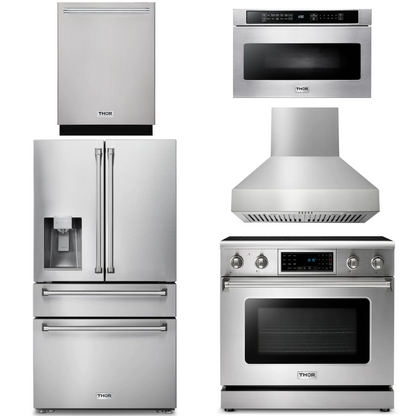 THOR Kitchen Package - 36" Electric Range, Range Hood, Microwave, Refrigerator with Water and Ice Dispenser, Dishwasher, AP-TRE3601-W-9