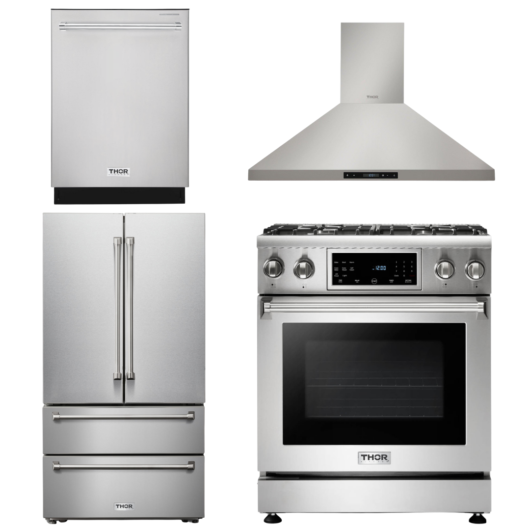 THOR Kitchen Package - 30" Gas Range, Range Hood, Refrigerator, Dishwasher, AP-TRG3001-3