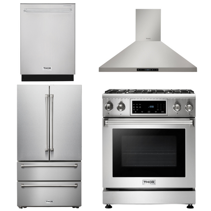 THOR Kitchen Package - 30" Gas Range, Range Hood, Refrigerator, Dishwasher, AP-TRG3001-3