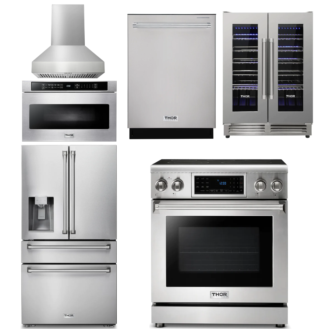 THOR Kitchen Package - 30" Electric Range, Range Hood, Microwave, Refrigerator with Water and Ice Dispenser, Dishwasher, Wine Cooler, AP-TRE3001-W-10