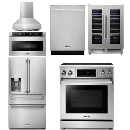 THOR Kitchen Package - 30" Electric Range, Range Hood, Microwave, Refrigerator with Water and Ice Dispenser, Dishwasher, Wine Cooler, AP-TRE3001-W-10