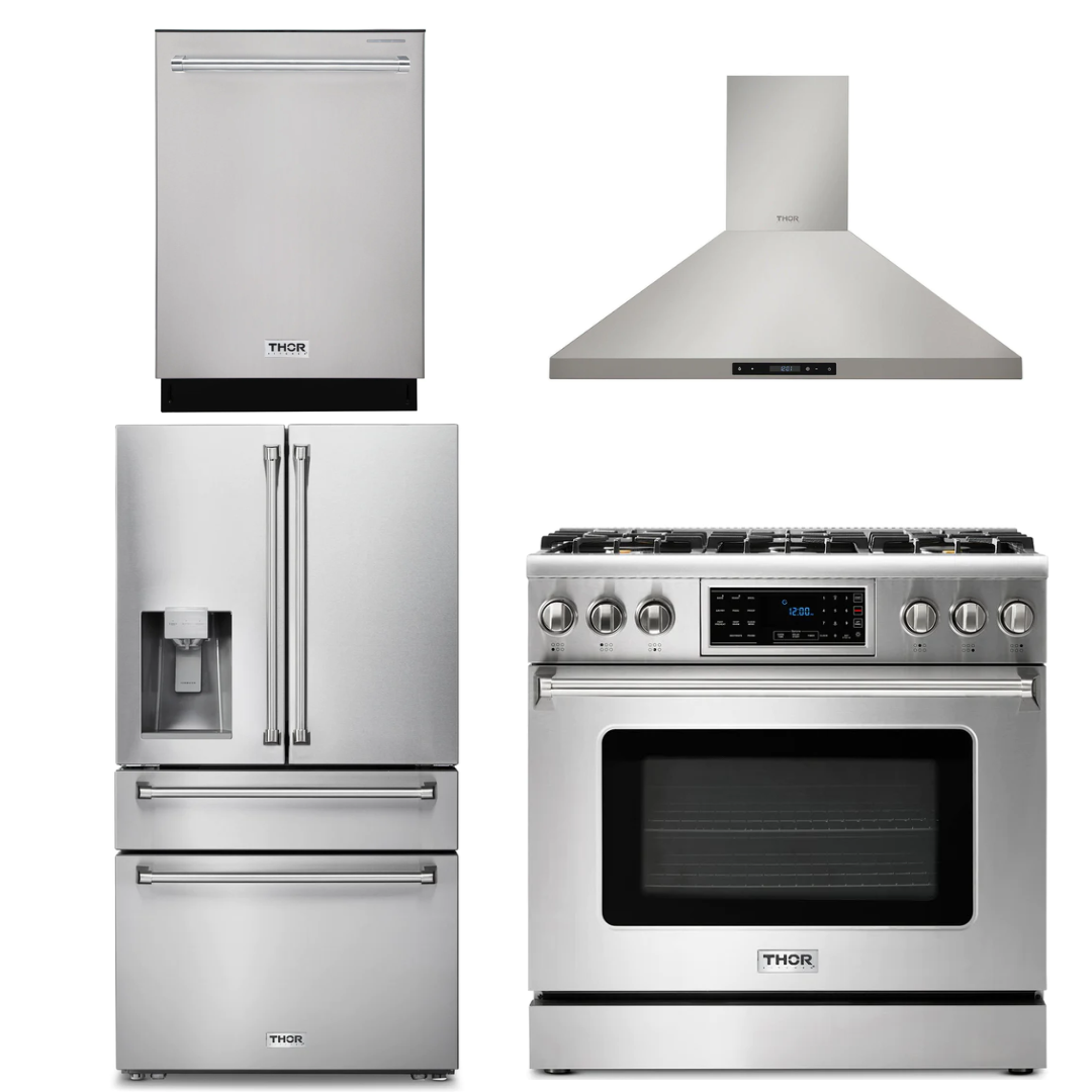 THOR Kitchen Package - 36" Gas Range, Range Hood, Refrigerator with Water and Ice Dispenser, Dishwasher, AP-TRG3601-10