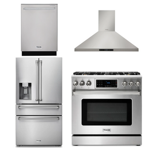 THOR Kitchen Package - 36" Gas Range, Range Hood, Refrigerator with Water and Ice Dispenser, Dishwasher, AP-TRG3601-10