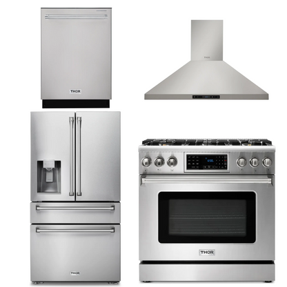 THOR Kitchen Package - 36" Gas Range, Range Hood, Refrigerator with Water and Ice Dispenser, Dishwasher, AP-TRG3601-10