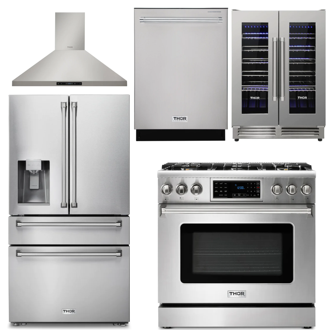 THOR Kitchen Package - 36" Gas Range, Range Hood, Refrigerator with Water and Ice Dispenser, Dishwasher, Wine Cooler, AP-TRG3601-11