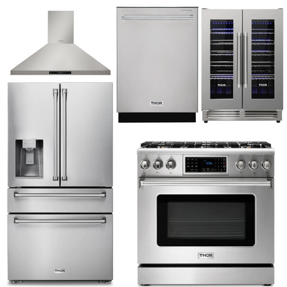 THOR Kitchen Package - 36" Gas Range, Range Hood, Refrigerator with Water and Ice Dispenser, Dishwasher, Wine Cooler, AP-TRG3601-11