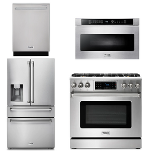 THOR Kitchen Package - 36" Gas Range, Microwave, Refrigerator with Water and Ice Dispenser, Dishwasher, AP-TRG3601-12