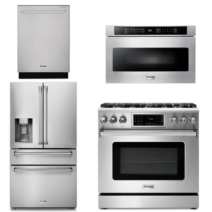THOR Kitchen Package - 36" Gas Range, Microwave, Refrigerator with Water and Ice Dispenser, Dishwasher, AP-TRG3601-12