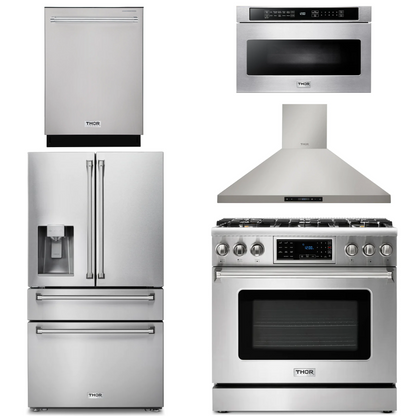 THOR Kitchen Package - 36" Gas Range, Range Hood, Microwave, Refrigerator with Water and Ice Dispenser, Dishwasher, AP-TRG3601-13