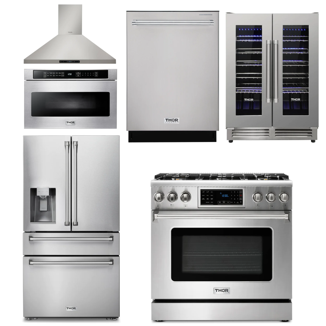 THOR Kitchen Package - 36" Gas Range, Range Hood, Microwave, Refrigerator with Water and Ice Dispenser, Dishwasher, Wine Cooler, AP-TRG3601-14