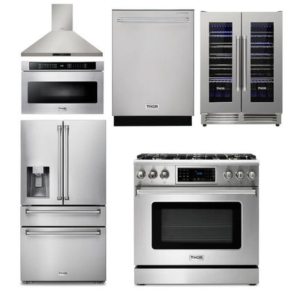 THOR Kitchen Package - 36" Gas Range, Range Hood, Microwave, Refrigerator with Water and Ice Dispenser, Dishwasher, Wine Cooler, AP-TRG3601-14