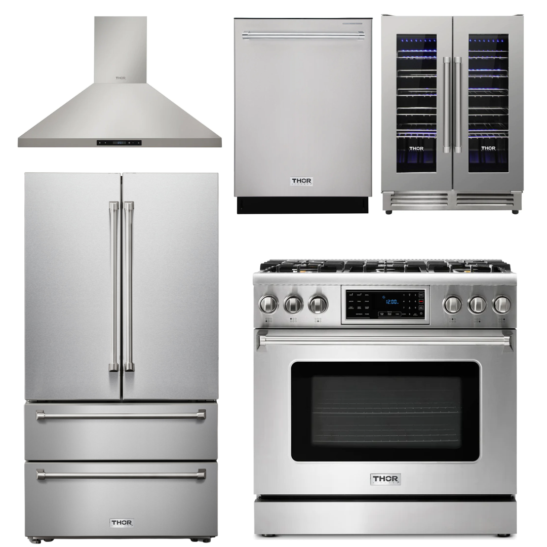 THOR Kitchen Package - 36" Gas Range, Range Hood, Refrigerator, Dishwasher, Wine Cooler, AP-TRG3601-4