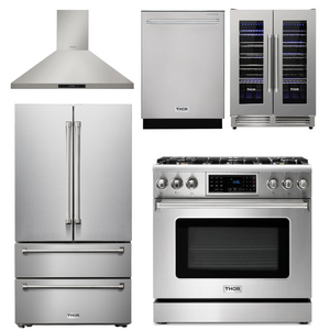 THOR Kitchen Package - 36" Gas Range, Range Hood, Refrigerator, Dishwasher, Wine Cooler, AP-TRG3601-4