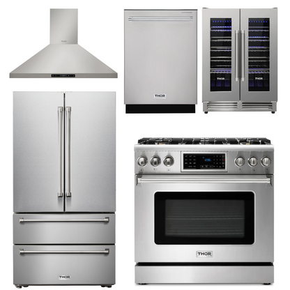 THOR Kitchen Package - 36" Gas Range, Range Hood, Refrigerator, Dishwasher, Wine Cooler, AP-TRG3601-4
