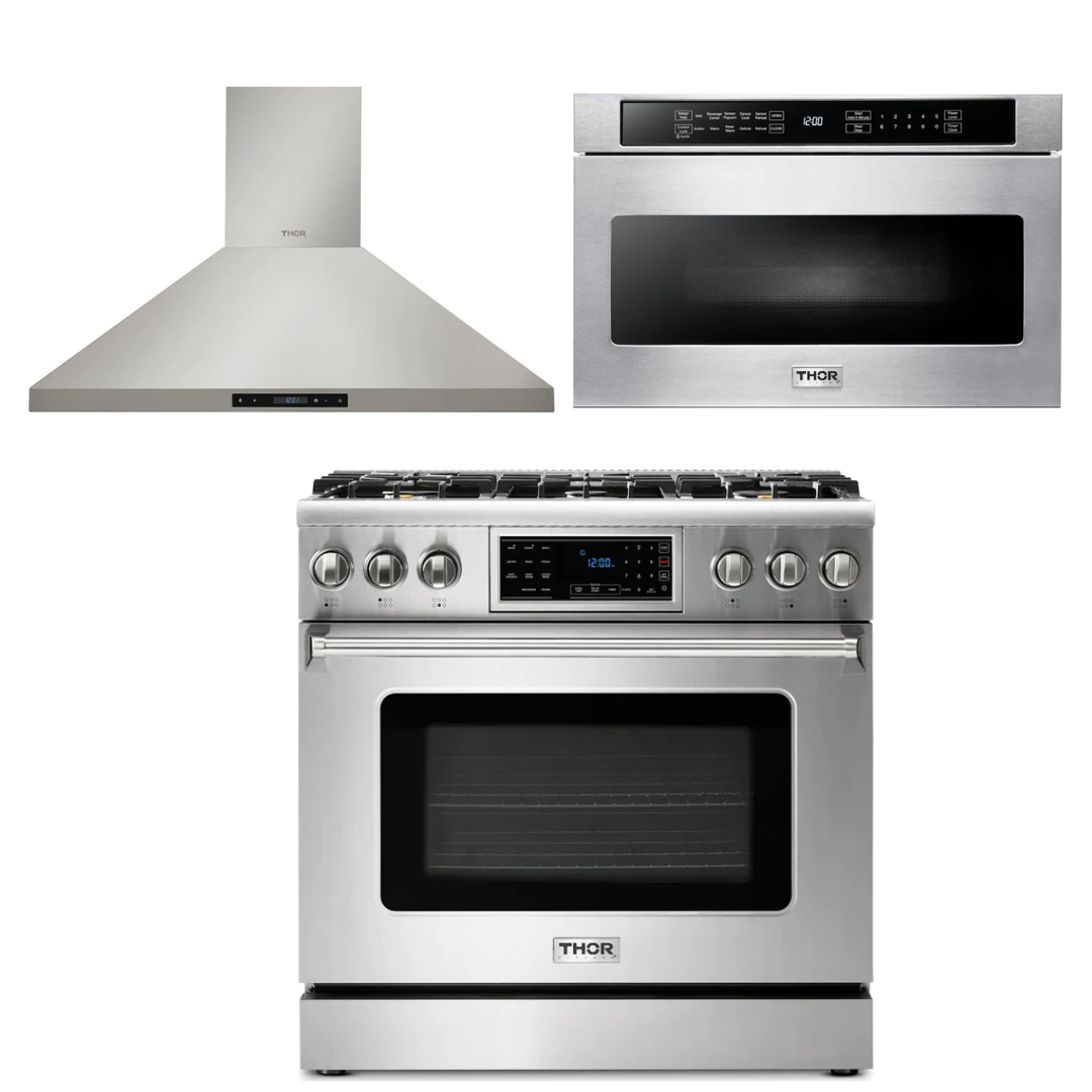 THOR Kitchen Package - 36" Gas Range, Range Hood, Microwave, AP-TRG3601-5