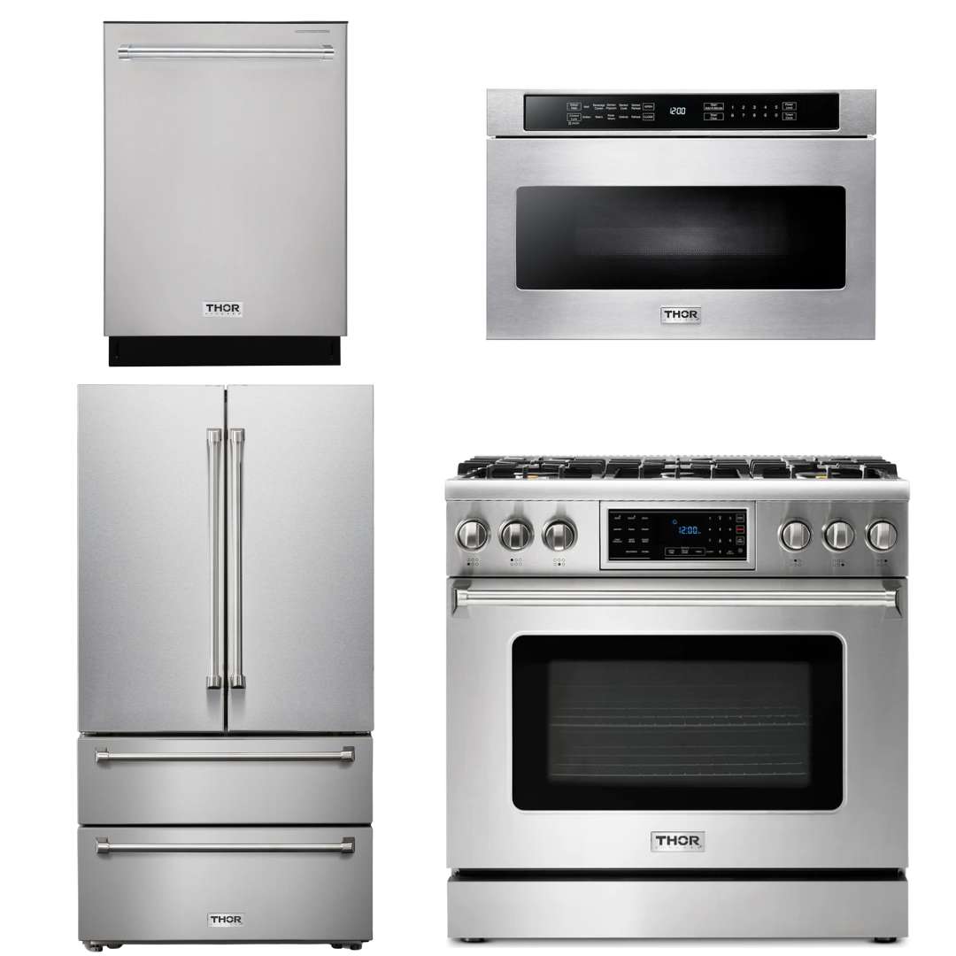 THOR Kitchen Package - 36" Gas Range, Microwave, Refrigerator, Dishwasher, AP-TRG3601-6