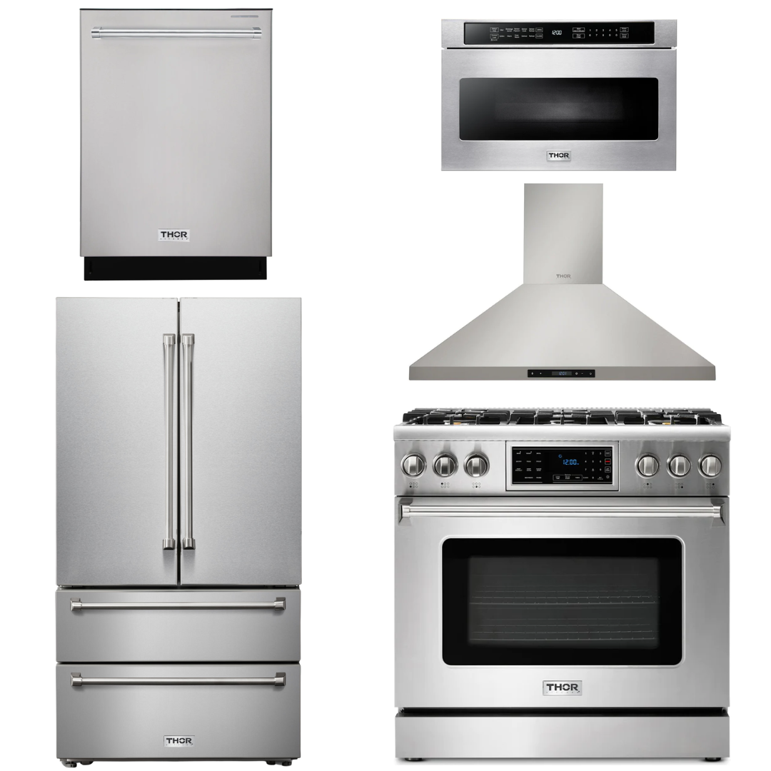 THOR Kitchen Package - 36" Gas Range, Range Hood, Microwave, Refrigerator, Dishwasher, AP-TRG3601-7