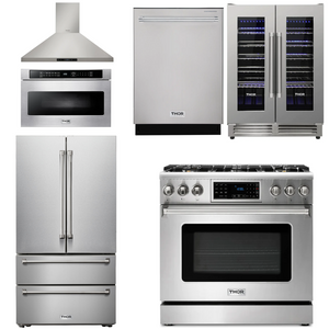 THOR Kitchen Package - 36" Gas Range, Range Hood, Microwave, Refrigerator, Dishwasher, Wine Cooler, AP-TRG3601-8