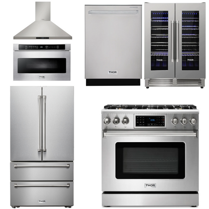 THOR Kitchen Package - 36" Gas Range, Range Hood, Microwave, Refrigerator, Dishwasher, Wine Cooler, AP-TRG3601-8