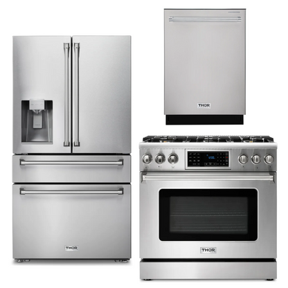 THOR Kitchen Package - 36" Gas Range, Refrigerator with Water and Ice Dispenser, Dishwasher, AP-TRG3601-9