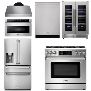 THOR Kitchen Package - 36" Gas Range, Range Hood, Microwave, Refrigerator, Dishwasher, Wine Cooler
