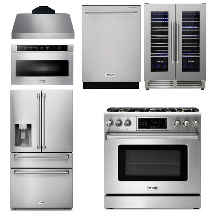 THOR Kitchen Package - 36" Gas Range, Range Hood, Microwave, Refrigerator, Dishwasher, Wine Cooler