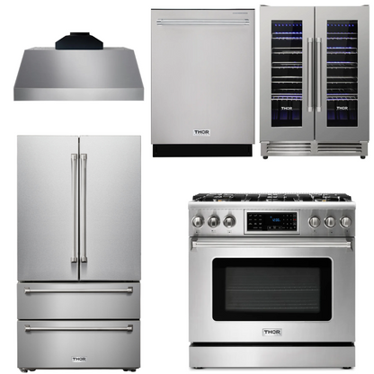 THOR Kitchen Package - 36" Gas Range, Range Hood, Refrigerator, Dishwasher, Wine Cooler, AP-TRG3601-C-3
