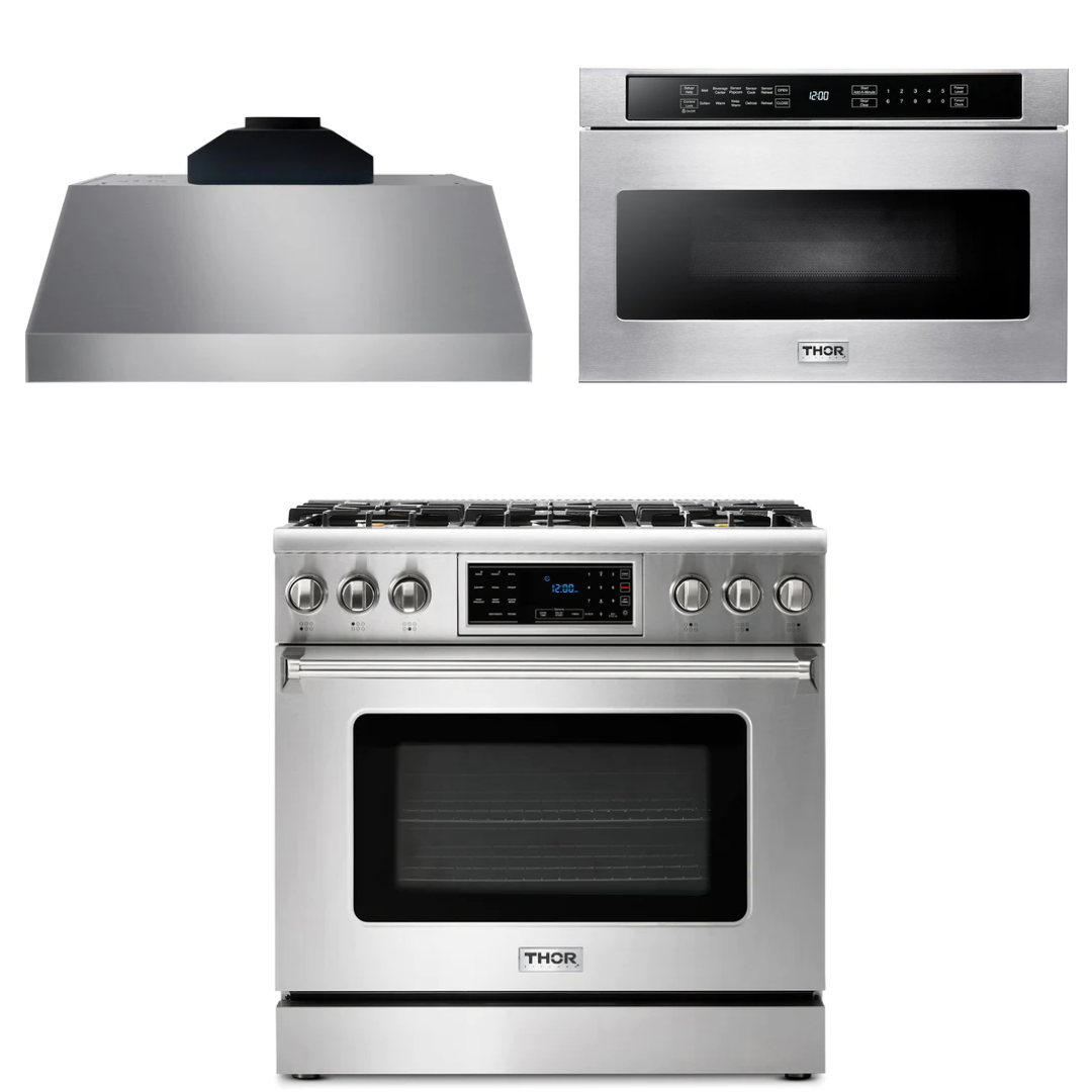 THOR Kitchen Package - 36" Gas Range, Range Hood, Microwave, AP-TRG3601-C-4
