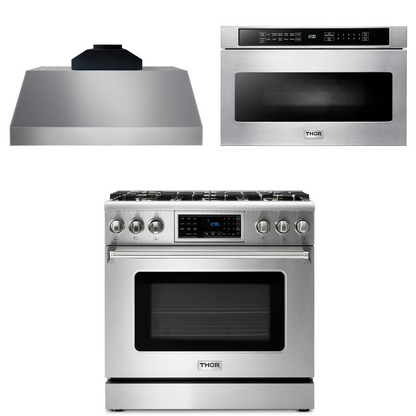 THOR Kitchen Package - 36" Gas Range, Range Hood, Microwave, AP-TRG3601-C-4