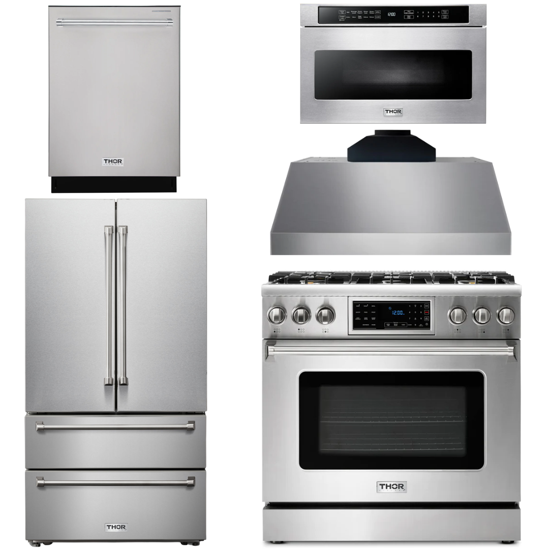 THOR Kitchen Package - 36" Gas Range, Range Hood, Microwave, Refrigerator, Dishwasher, AP-TRG3601-C-5